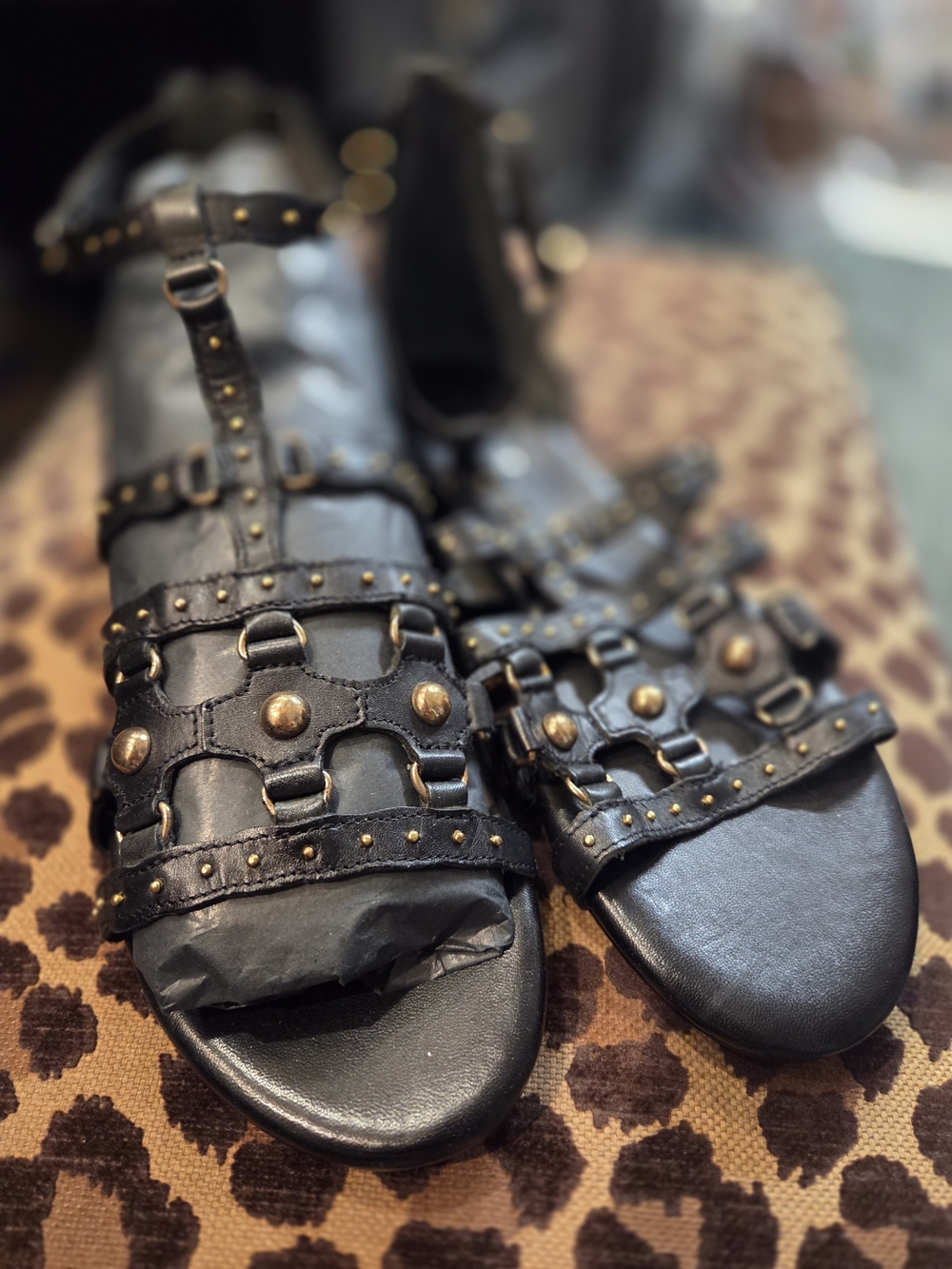 Free People Black Leather Studded Gladiator Sandals with Gold Accents